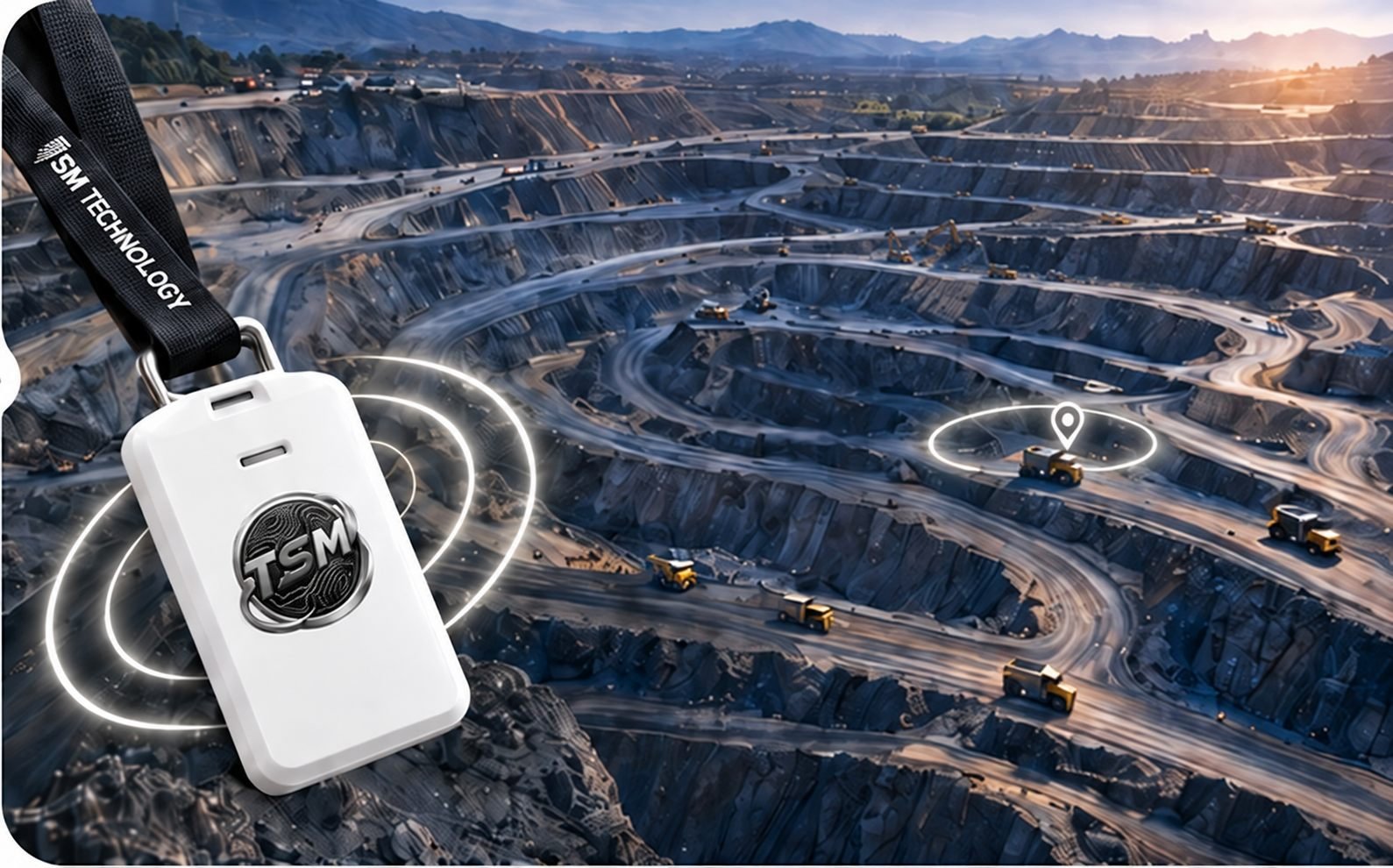 Crachá inteligente TSM em uma mina, com localização automática de um operador e sinal de conexão.